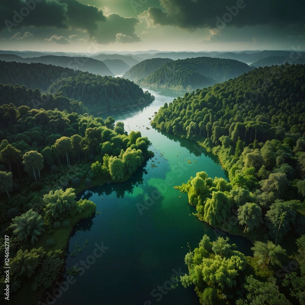 Fototapeta Lush Green Forest with Serene River, Aerial View in Vibrant Natural Tones, Tranquil Wilderness Landscape