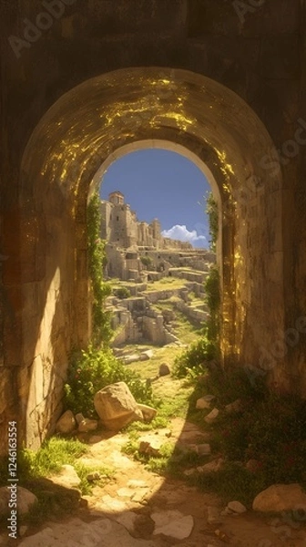 Fototapeta A golden magical portal on an ancient island connected to an ancient city from a fairy tale