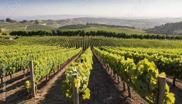 Fototapeta Lush Vineyard with Rows of Grapevines Stretching to the Horizon