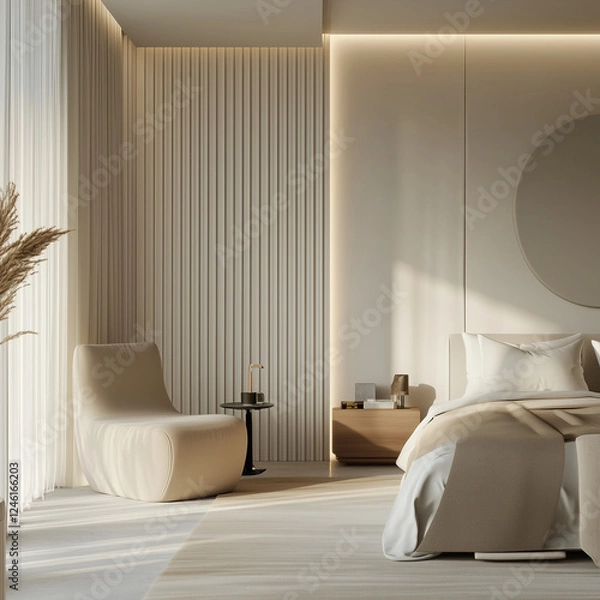Fototapeta bedroom in a minimalist and practical style, tidy, with a new concept of indoor scenes, interior home decoration design, real-life scenario design rendering, the exterior design meets high standards