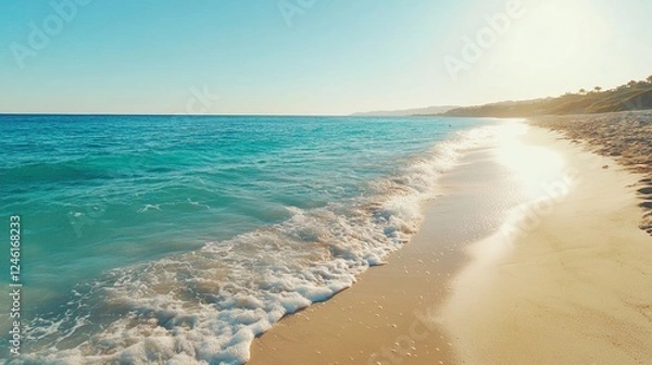 Fototapeta Peaceful beach with white sand and clear turquoise waves rolling into the distance