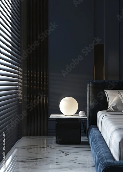 Fototapeta Modern bedroom interior with blue velvet headboard. white bedding. and a round lamp on a black side table