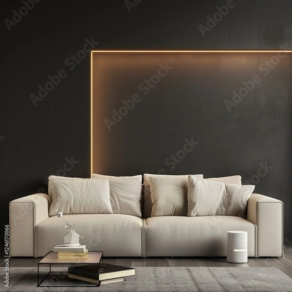 Fototapeta Modern living room interior with a beige sofa. a coffee table. and a rug against a dark wall with a glowing LED light frame