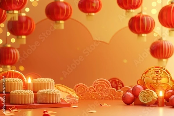 Fototapeta hyper realistic detailed, Mid Autumn Festival and blank banner template with text , Mid Autumn Festival , hyper smooth render, banner without text, rule of thirds Intricate Glossy shinny Intricate
