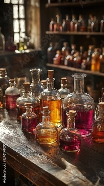 Fototapeta Colorful Vintage Apothecary Bottles with Elixirs in a Rustic Setting