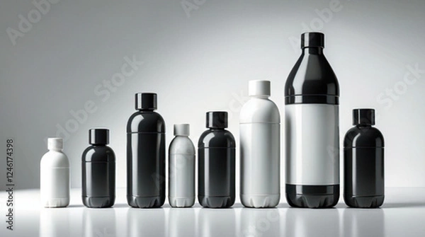 Fototapeta black and white bottles arranged in a row with a black background