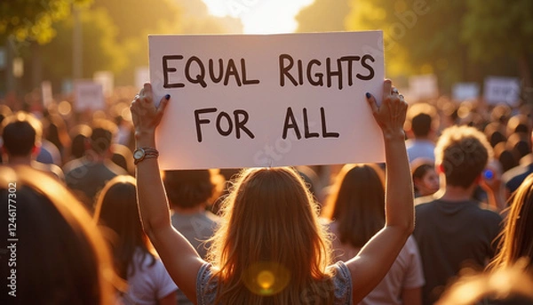 Obraz A crowd of women holding an “Equal Rights for All” sign, advocating for gender equality and justice.