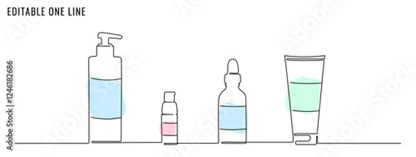Fototapeta One continuous line drawing of cosmetic bottles. Concept of skin care routine. Editable stroke, vector illustration