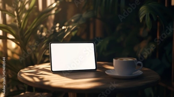 Fototapeta Matte-finish tablet mock-up on a coffee shop table, blank screen, and a hot coffee nearby