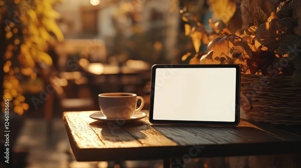Fototapeta Mock-up tablet with a white screen on a rustic wooden table, cozy cafe atmosphere