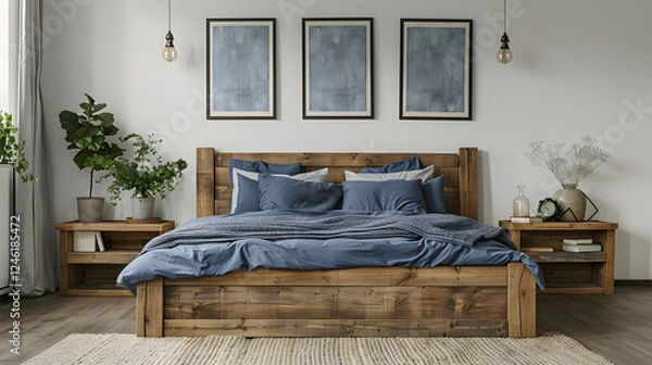 Fototapeta Rustic wooden bed with blue pillows and two bedside cabinets against white wall with three posters frames. Farmhouse interior design of modern bedroom