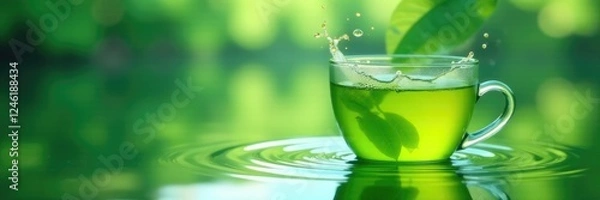 Fototapeta A splash of green herbal tea on a calm and peaceful lake surface, serene, tea, green