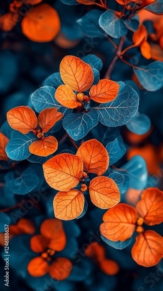 Fototapeta Orange and teal leaves closeup, autumn garden, vibrant foliage, nature background, website banner