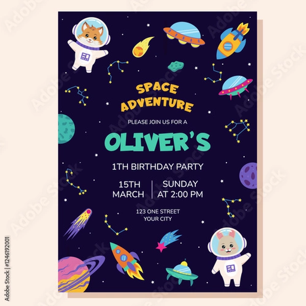 Fototapeta Space invitation for birthday party. Space elements and animals astronauts bunny and fox. Poster, postcard, greeting card.
