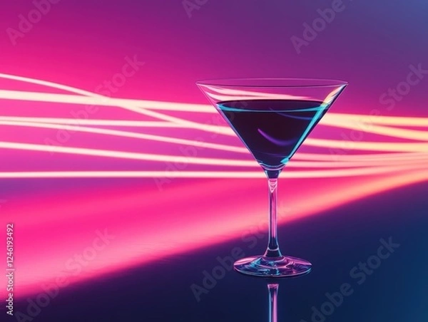 Fototapeta Elegant drink glowing under neon lights with colorful background hues