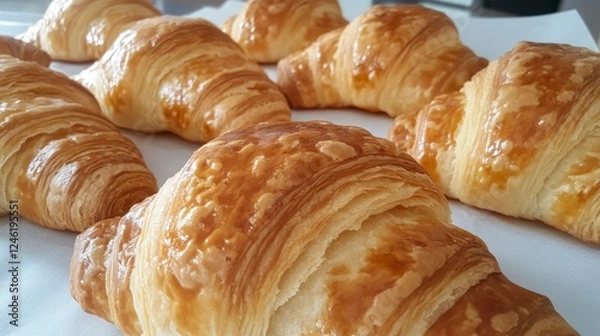 Fototapeta Freshly baked croissants with flaky golden layers bakery food photography cozy kitchen close-up culinary delight