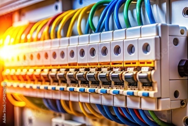 Fototapeta Intricate detail of a UK consumer unit MCB,  a culinary-style close-up.  Expertly captured electrical components.