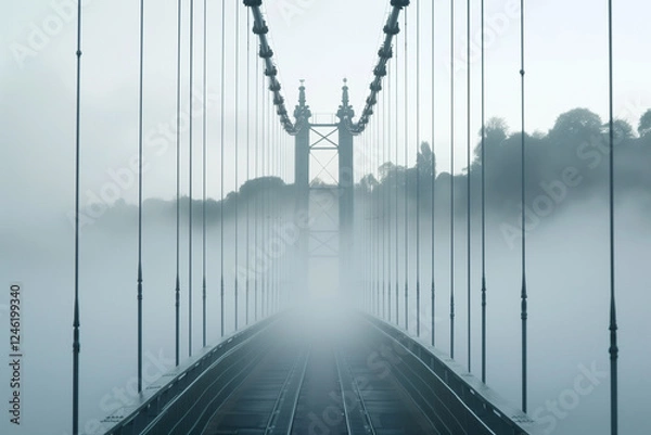 Fototapeta Foggy morning view of a suspension bridge disappearing into the mist.