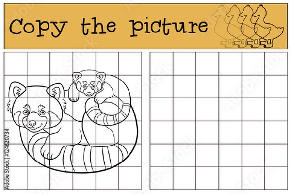 Fototapeta Educational game: Copy the picture. Mother red panda with baby.