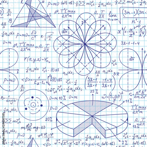 Fototapeta Math vector seamless pattern with handwritten mathematical and physics formulas, equations and figures on grid copybook sheet