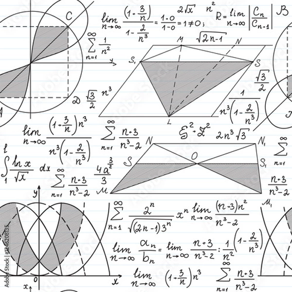Obraz Mathematical vector seamless pattern with handwritten math and physics formulas, equations and figures