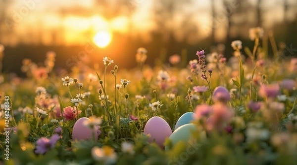 Fototapeta A vibrant outdoor scene during what appears to be the golden hour, with the sun casting a warm, golden hue over the landscape. In the foreground, there are several colorful Easter eggs nestled among 