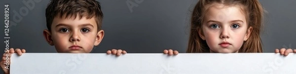 Fototapeta Two Worried Children Peeking Over a Blank White Banner, Against a Moody Gray Studio Background