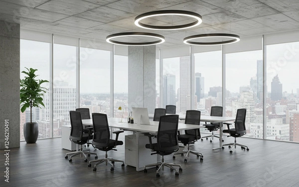 Fototapeta Modern Open Space Office with Large Windows and City View

