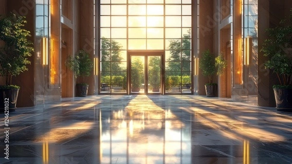 Fototapeta A luxury hotel entrance with automatic doors, modern architecture, and large windows.