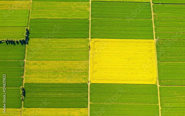 Fototapeta Aerial View of Vibrant Agricultural Fields with Green and Yellow Crops