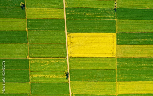 Fototapeta Aerial View of Vibrant Agricultural Fields with Green and Yellow Crops