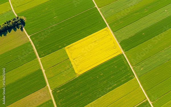 Fototapeta Aerial View of Vibrant Agricultural Fields with Green and Yellow Crops