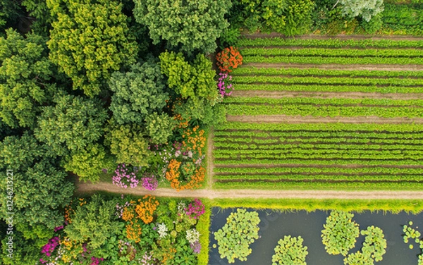 Fototapeta Aerial View of Green Farm Fields, Trees, and Flower Garden