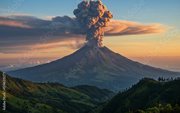 Fototapeta Active Volcano Eruption with Smoke and Ash in Scenic Landscape