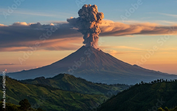 Fototapeta Active Volcano Eruption with Smoke and Ash in Scenic Landscape