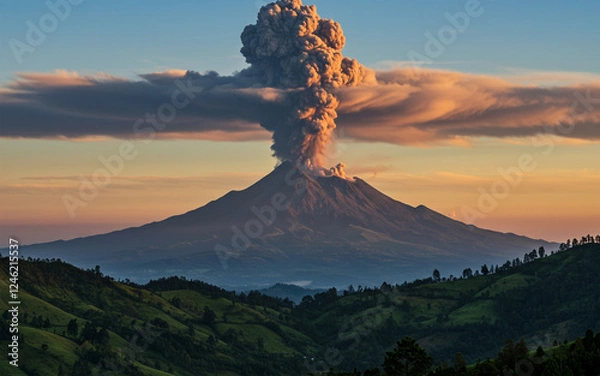Fototapeta Active Volcano Eruption with Smoke and Ash in Scenic Landscape