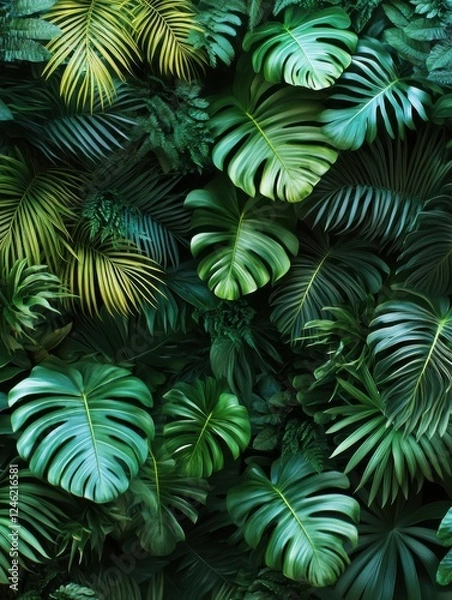Obraz A lush tropical background made of green leaves.
