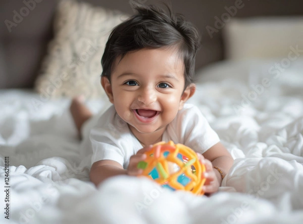 Fototapeta smiling indian baby in white playing with toy on bed in one hand at home