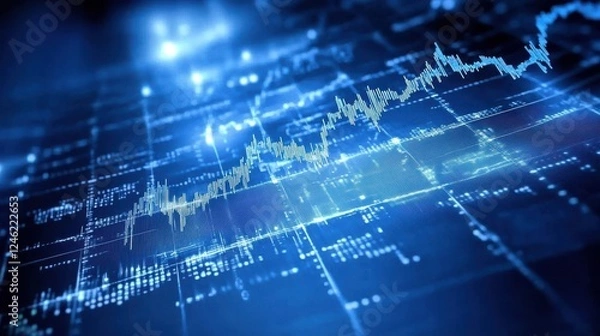 Fototapeta Dynamic financial chart with fluctuating graphs and glowing elements on a blue background