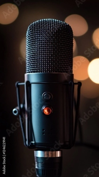 Fototapeta mic on stand with bokeh lights.