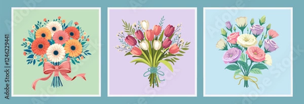 Obraz flower bouquets in wrapping and blooming plant. Compositions for a florist shop. Eustoma, gerberas, tulips. Happy holidays. Vector illustration isolated on color background.