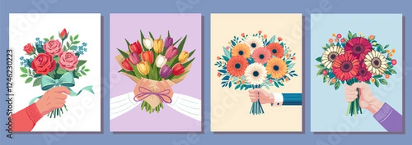 Obraz flower bouquets in wrapping and blooming plant hand holding. tulips, gerberas, roses. Happy holidays. Vector illustration isolated on color background.