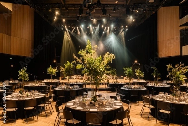 Fototapeta Elegant Hotel Ballroom Set up for a Gala Dinner With Round Tables and Dramatic Lighting