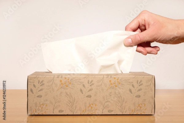 Fototapeta Close-up of a hand taking a tissue from a box.