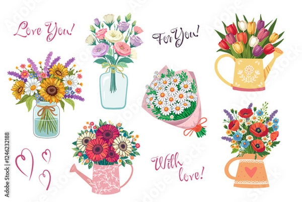 Obraz Big set of flower bouquets in wrapping and blooming plant in watering can. tulips, gerberas, chamomile, eustomas, poppies, wild flowers. Vector illustration isolated on white background.