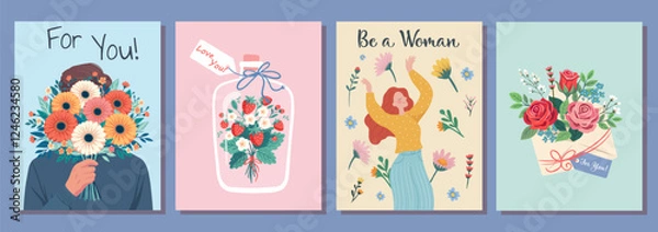 Obraz Set of Gift, Beauty, love hug concept. Young woman girl cartoon hiding behind the bouquet of flowers. Happy holidays. Vector illustration isolated on color background.