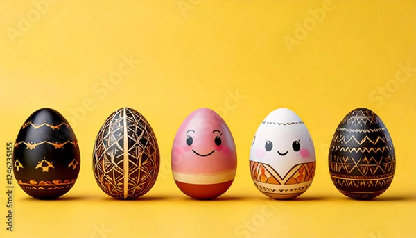 Fototapeta Smiling and cheerful easter eggs with patterns on a light background with space for text, wallpaper