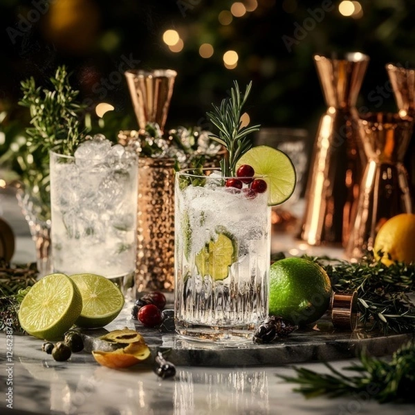 Obraz Elegant gin cocktails on a marble bar, with rosemary, thyme, and citrus peels, premium style