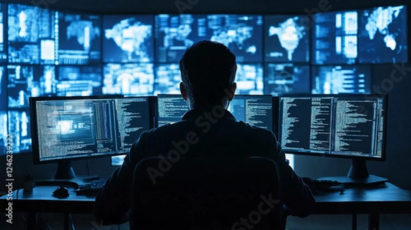 Fototapeta A cybersecurity expert monitoring multiple screens filled with code and world maps representing hacking surveillance and digital security

