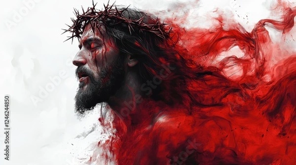 Obraz jesus christ with crown of thorns and flames digital watercolor painting